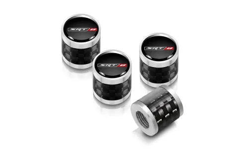 Колпачки ниппелей Dodge SRT-8 логотип на черном фоне карабоновая окантовка серебристая — фото 1
