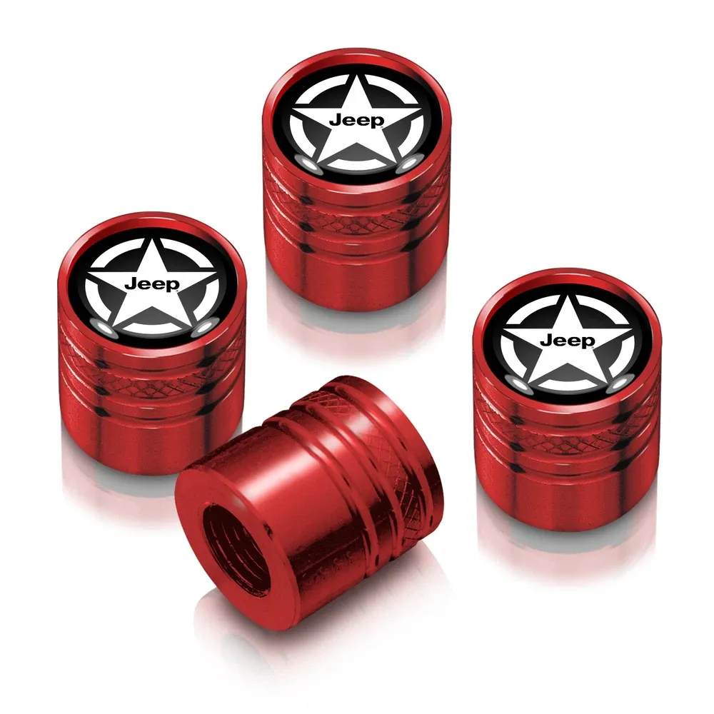 Колпачки ниппелей Jeep Willys Star логотип на черном фоне в красном корпусе Aluminum Cylinder-Style Tire Valve Caps — фото 1