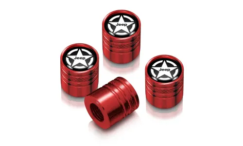 Колпачки ниппелей Jeep Willys Star логотип на черном фоне в красном корпусе Aluminum Cylinder-Style Tire Valve Caps — фото 1