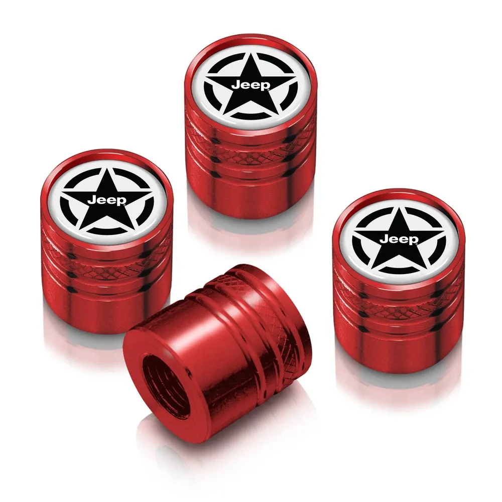 Колпачки ниппелей Jeep Willys Star логотип на белом фоне в красном корпусе Aluminum Cylinder-Style Tire Valve Caps — фото 1