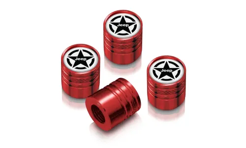 Колпачки ниппелей Jeep Willys Star логотип на белом фоне в красном корпусе Aluminum Cylinder-Style Tire Valve Caps — фото 1