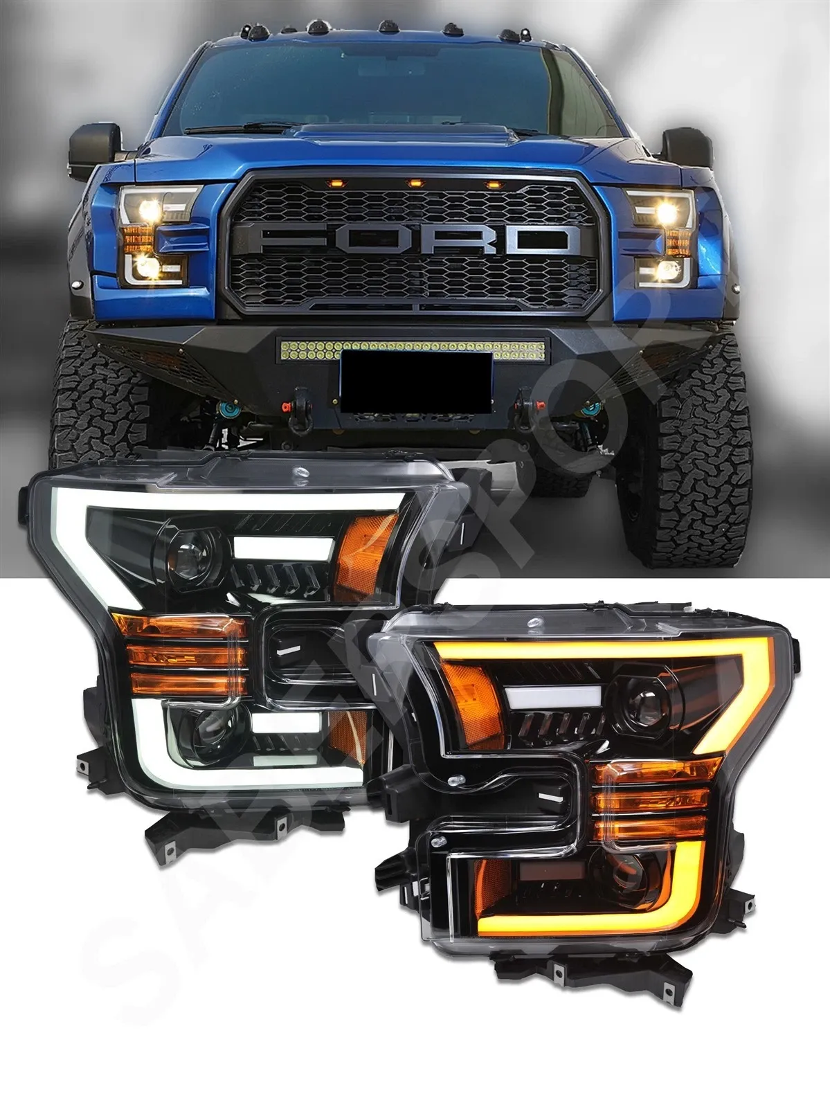 Фары проекторные Base Version Jet Black для Ford F-150 XL/XLT 2015–2017, AlphaRex — фото 1