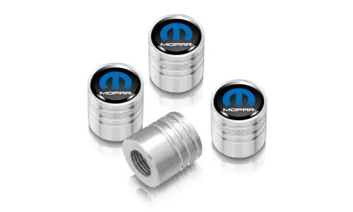 Колпачки ниппелей Mopar на черном фоне on Shining серебристая Aluminum Cylinder-Style Tire Valve Stem Caps — фото 1