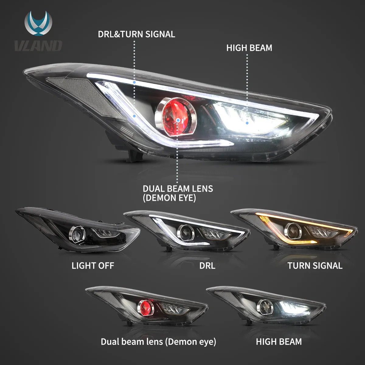 Фары VLAND двойной проектор демонические глаза черные для Hyundai Elantra MD/UD/JK (2011-2015) — фото 4