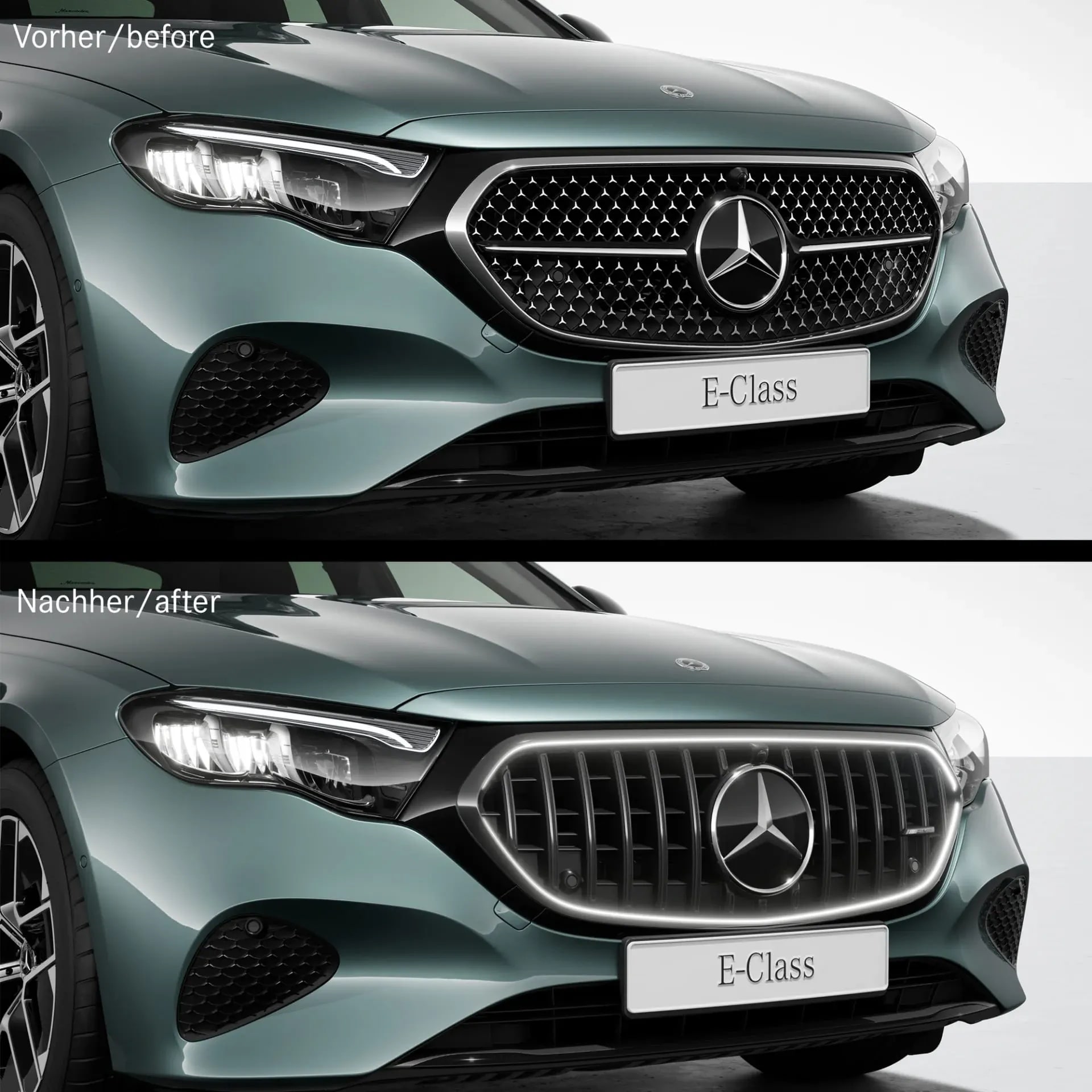 Комплект решетки Panamericana E 53 AMG с подсветкой Mercedes-Benz E-Класс W214 Avantgarde, темный хром, без камеры 360°, Distronic 233 — фото 3