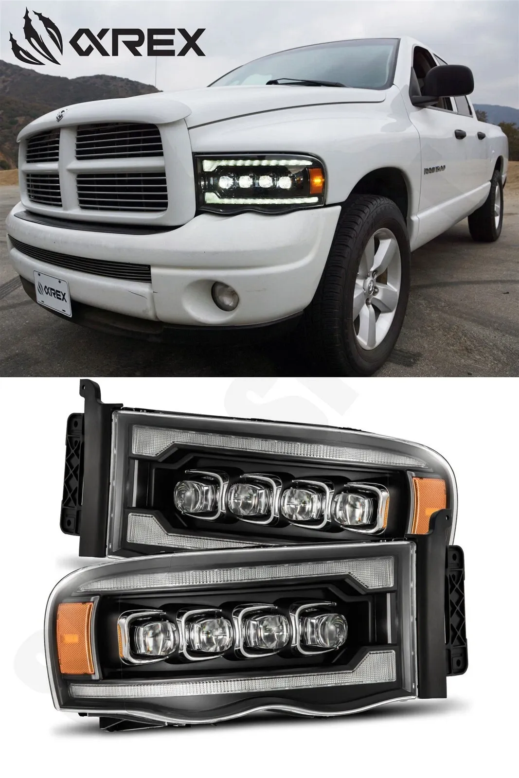 Фары проекторные светодиодные Black Nova для Dodge Ram 1500 2002–2005, AlphaRex — фото 1