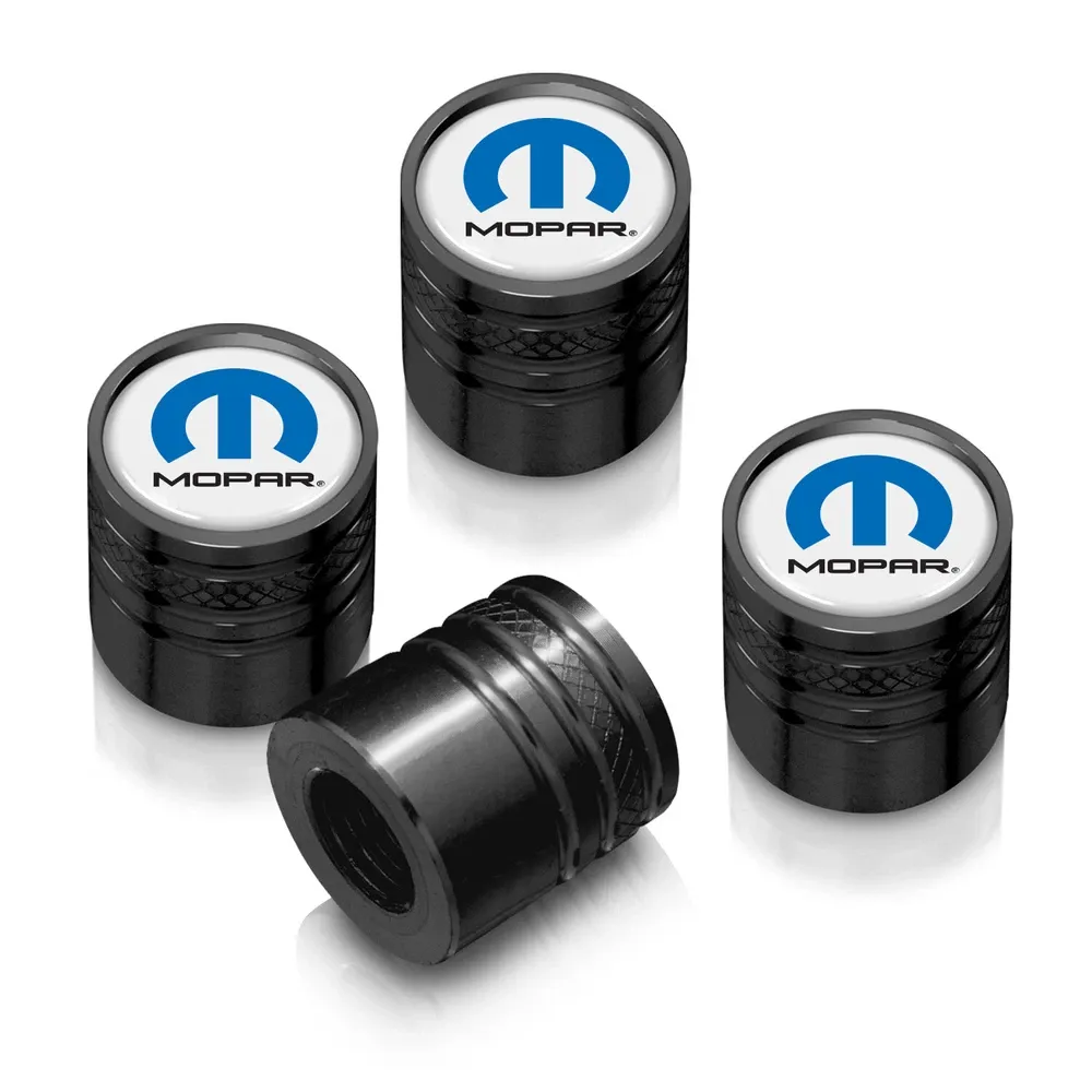 Колпачки ниппелей Mopar на белом фоне в черном корпусе Aluminum Cylinder-Style Tire Valve Stem Caps — фото 1