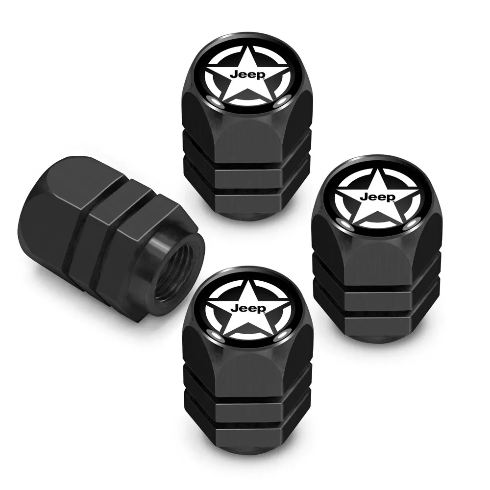 Колпачки ниппелей Jeep Willys Star на черном фоне в черном корпусе Hexagon — фото 1